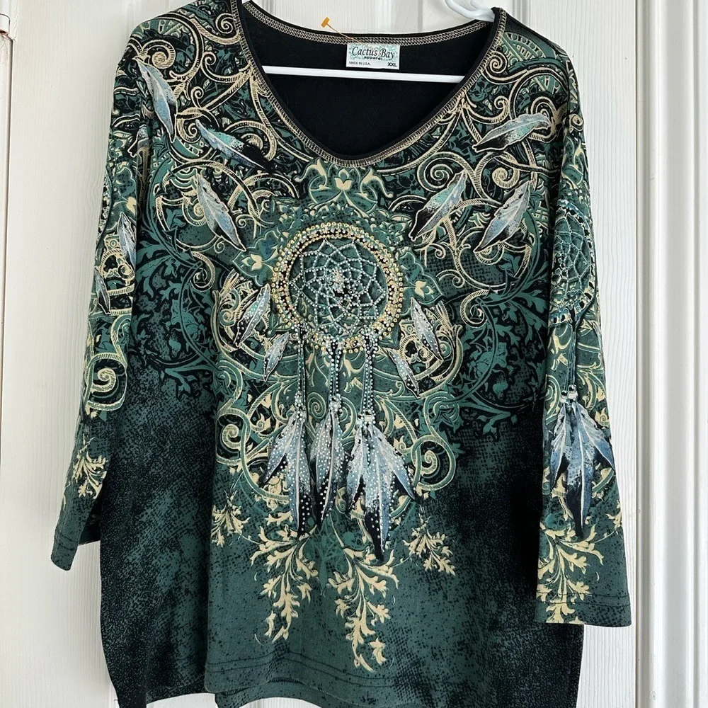 NWOT vintage Cactus Bay top with sequins dreamcatcher and feathers size XXL - Picture 1 of 5